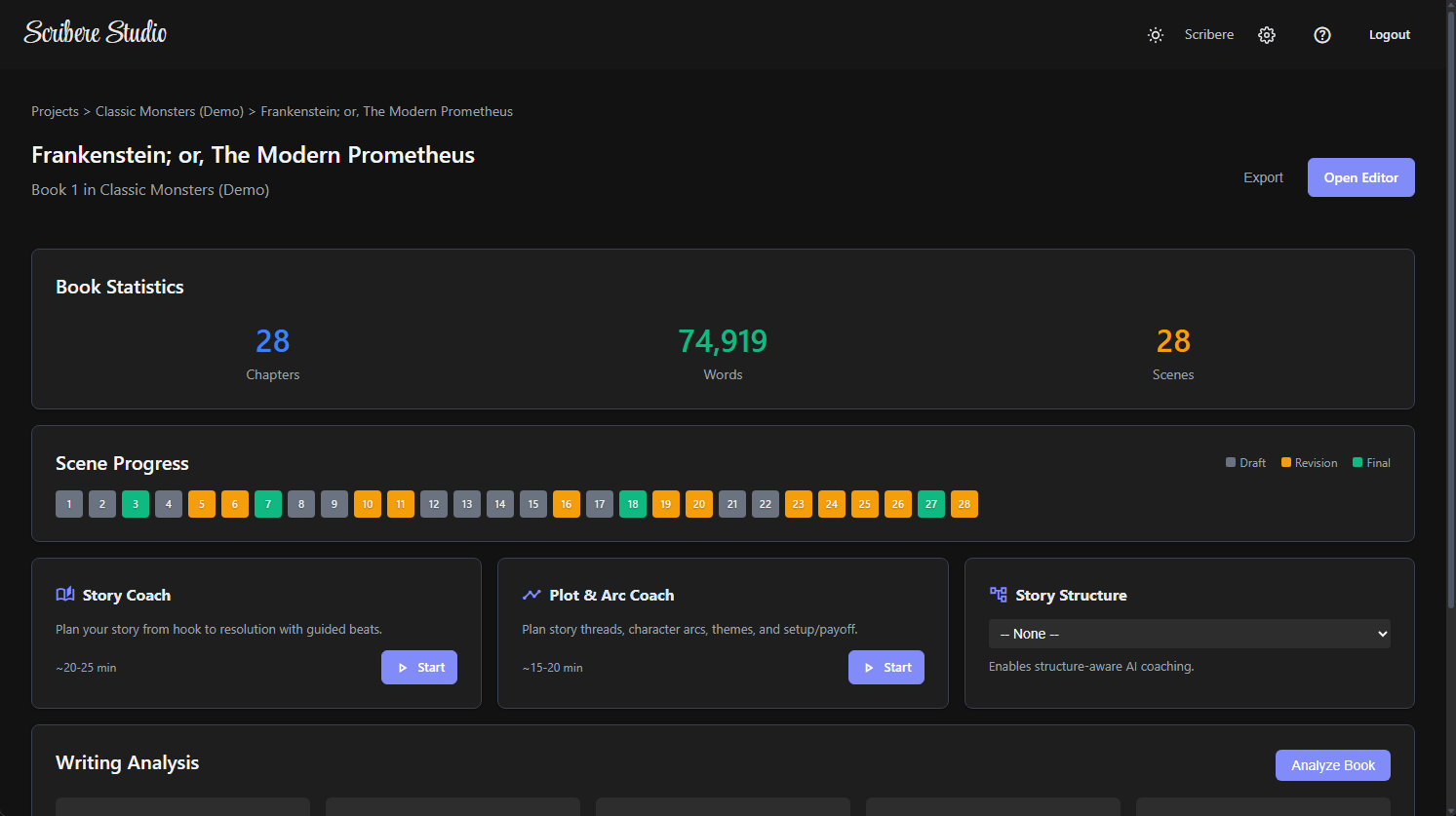 Scribere Studio - Book dashboard with scene progress and coaching tools