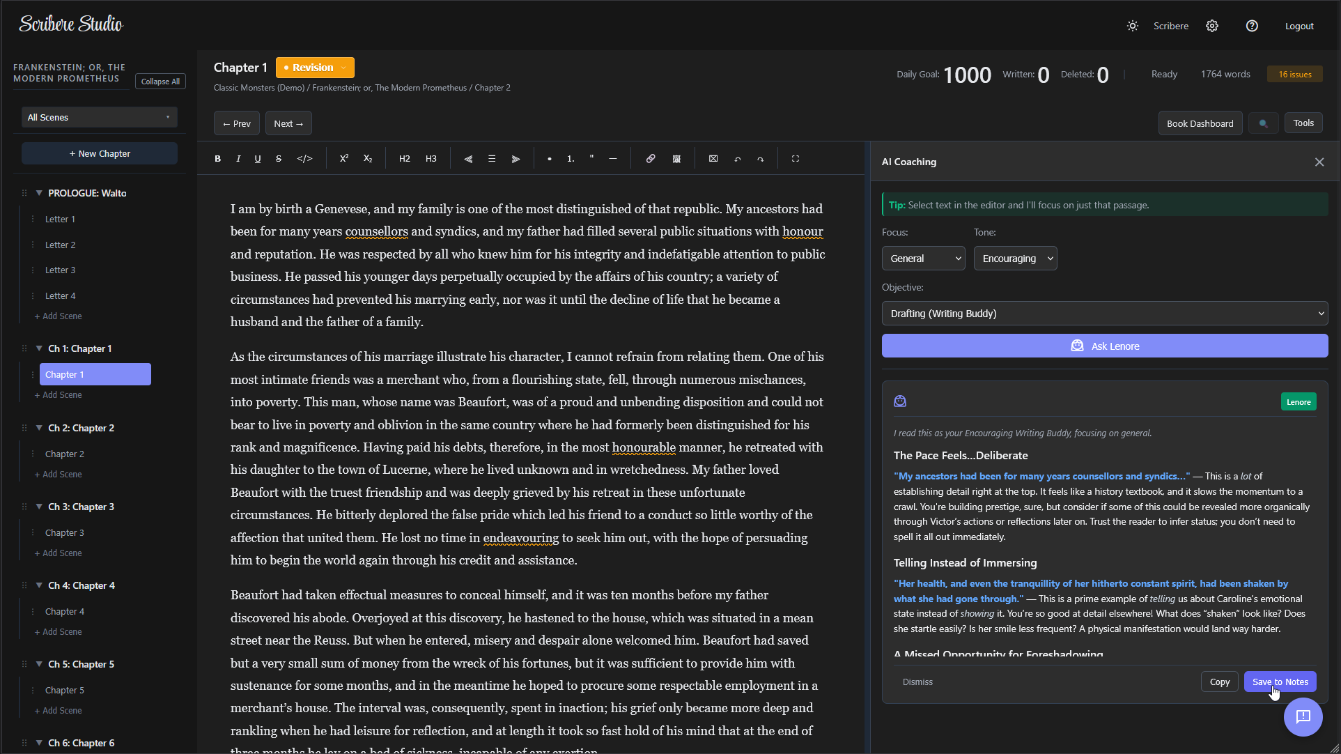 Scribere Studio - Lenore giving craft-focused coaching feedback on a scene